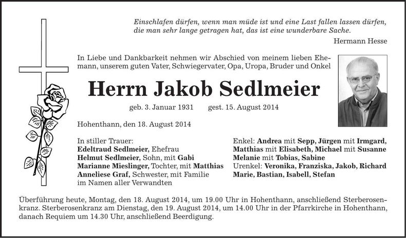 Traueranzeige Jakob Sedlmeier