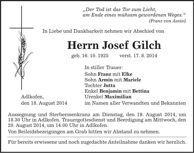 Traueranzeige Josef Gilch