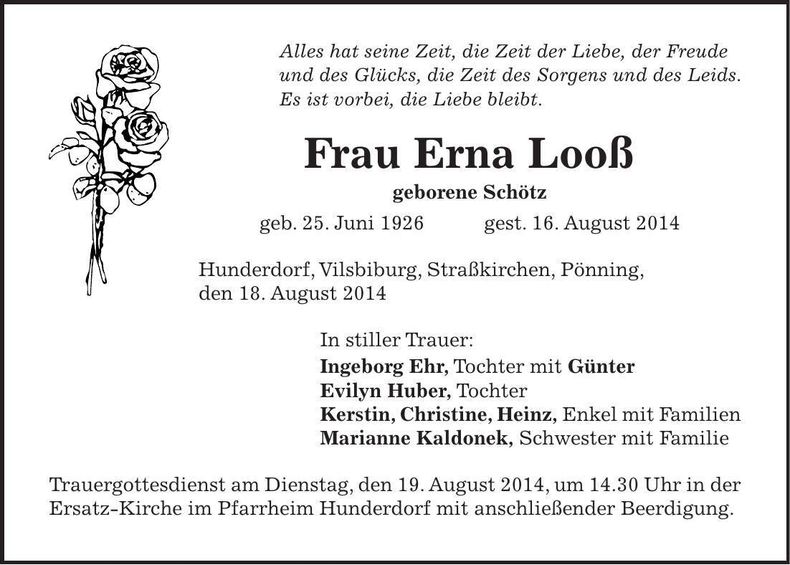 Traueranzeige Erna Looß