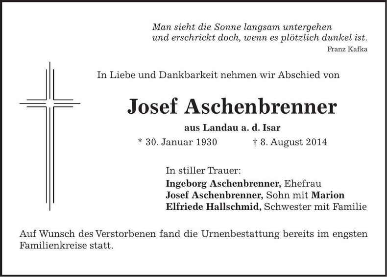 Traueranzeige Josef Aschenbrenner