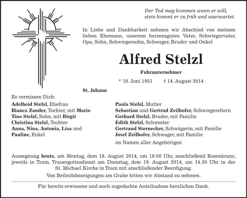 Traueranzeige Alfred Stelzl