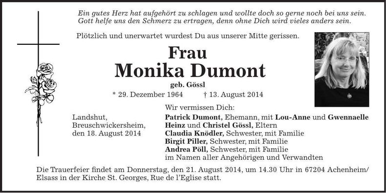 Traueranzeige Monika Dumont