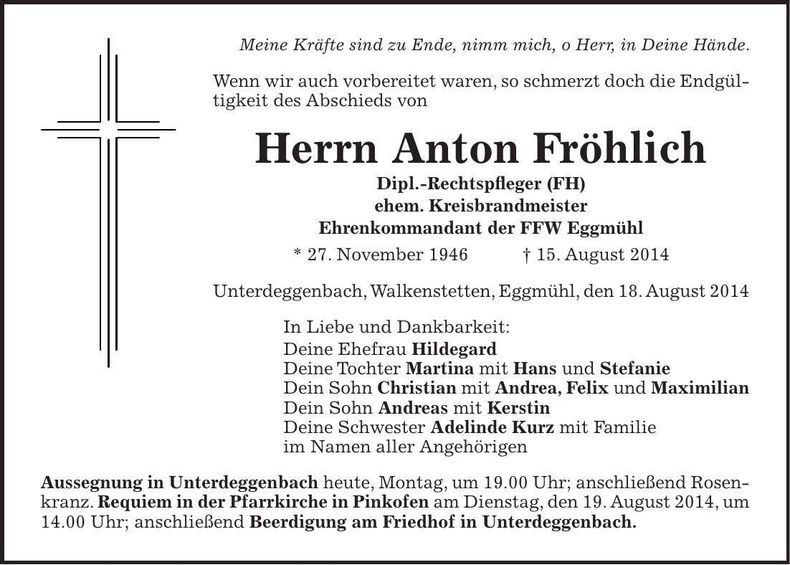 Traueranzeige Anton Fröhlich