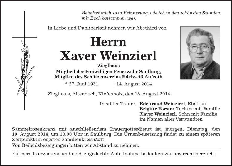 Traueranzeige Xaver Weinzierl