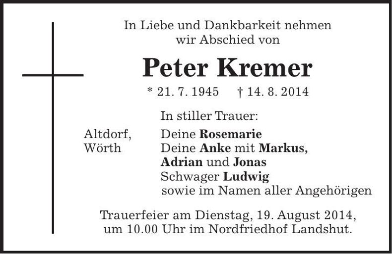 Traueranzeige Peter Kremer