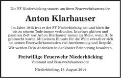 Traueranzeige Anton Klarhauser