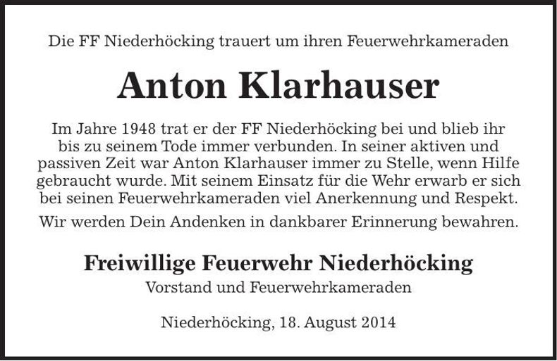 Traueranzeige Anton Klarhauser