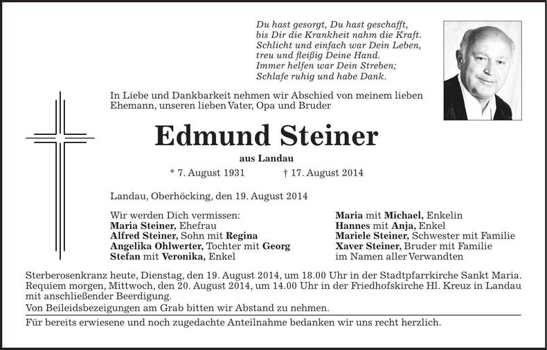 Traueranzeige Edmund Steiner