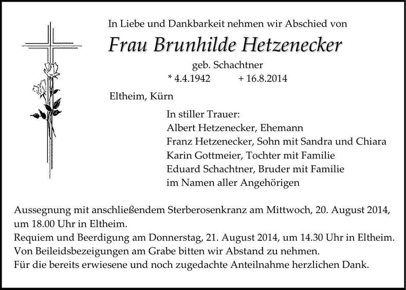 Traueranzeige Brunhilde Hetzenecker