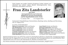 Traueranzeige Zita Landstorfer
