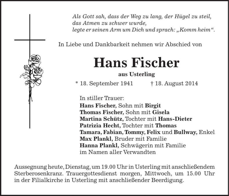 Traueranzeige Hans Fischer