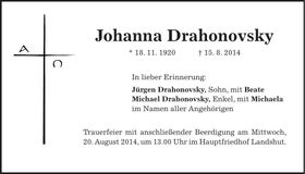 Traueranzeige Johanna Drahonovsky