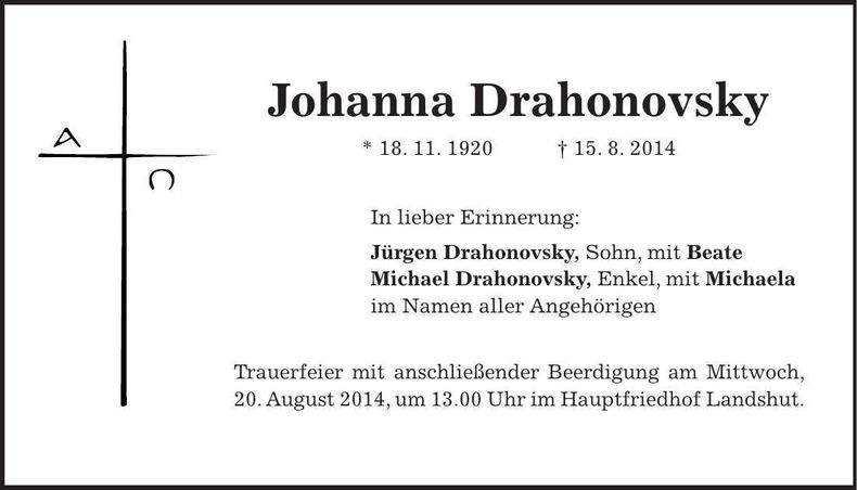 Traueranzeige Johanna Drahonovsky