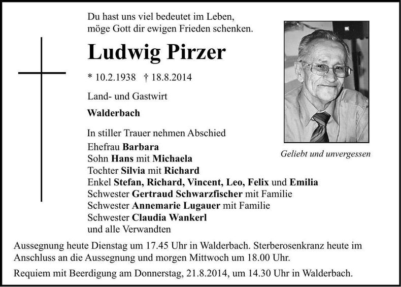 Traueranzeige Ludwig Pirzer