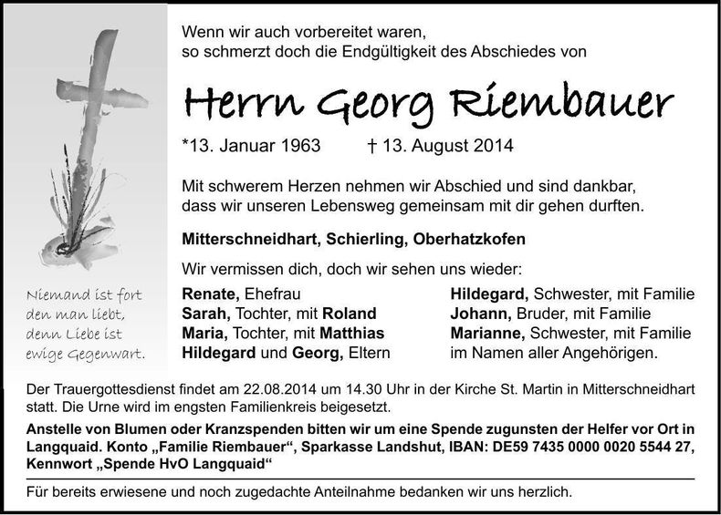 Traueranzeige Georg Riembauer