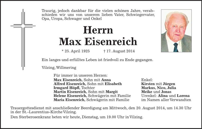 Traueranzeige Max Eisenreich