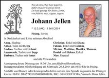 Traueranzeige Johann Jellen