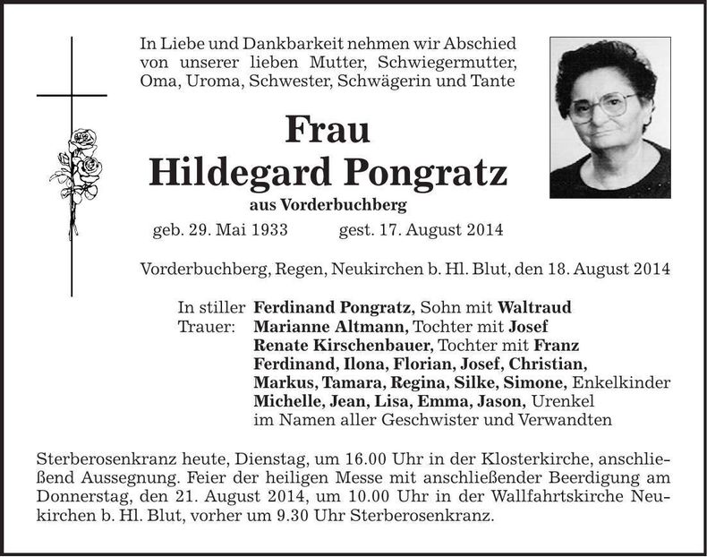 Traueranzeige Hildegard Pongratz