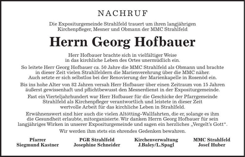 Traueranzeige Georg Hofbauer