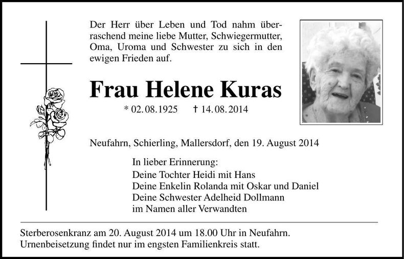 Traueranzeige Helene Kuras