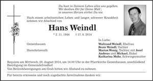 Traueranzeige Hans Weindl