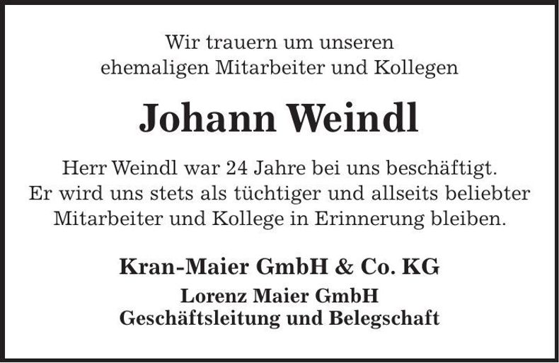 Traueranzeige Johann Weindl