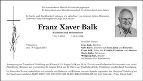 Traueranzeige Franz Balk