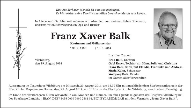 Traueranzeige Franz Balk