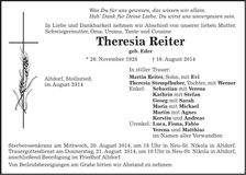 Traueranzeige Theresia Reiter