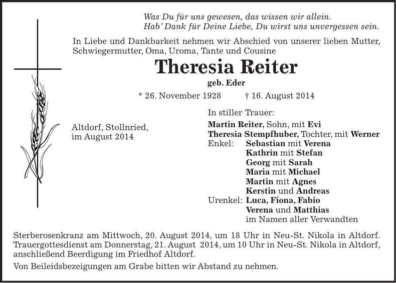 Traueranzeige Theresia Reiter