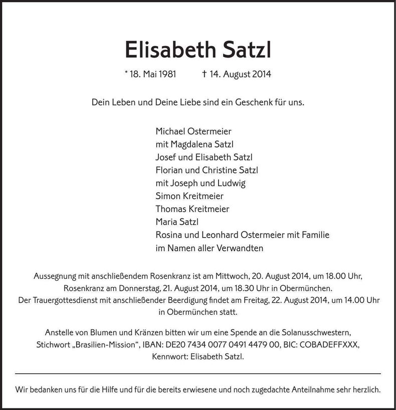 Traueranzeige Elisabeth Satzl