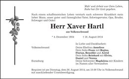Traueranzeige Xaver Hartl