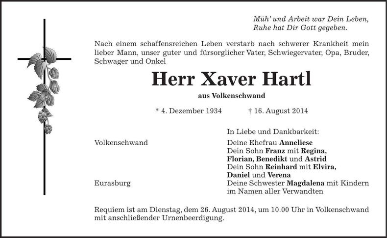 Traueranzeige Xaver Hartl