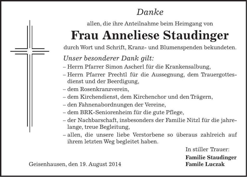 Traueranzeige Anneliese Staudinger