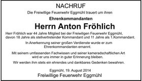 Traueranzeige Anton Fröhlich