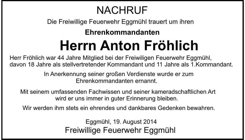 Traueranzeige Anton Fröhlich