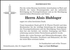 Traueranzeige Alois Hubloger