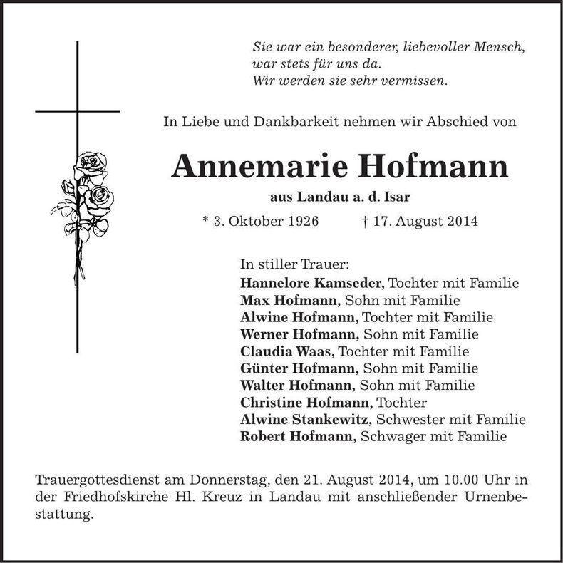 Traueranzeige Annemarie Hofmann