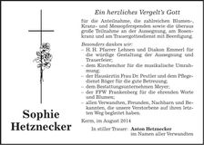 Traueranzeige Sophie Hetznecker