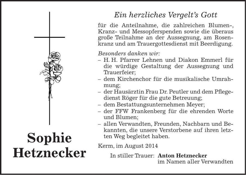 Traueranzeige Sophie Hetznecker