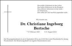 Traueranzeige Dr. Christiane Ingeborg Bertsche