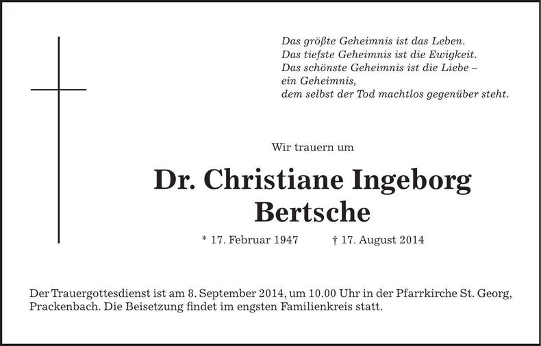 Traueranzeige Dr. Christiane Ingeborg Bertsche