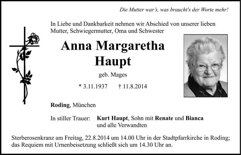 Traueranzeige Anna Haupt