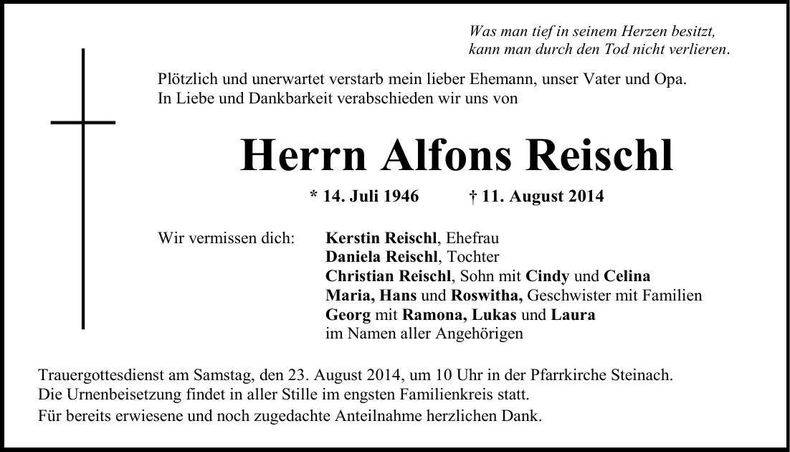 Traueranzeige Alfons Reischl