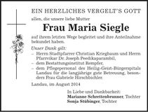 Traueranzeige Maria Siegle