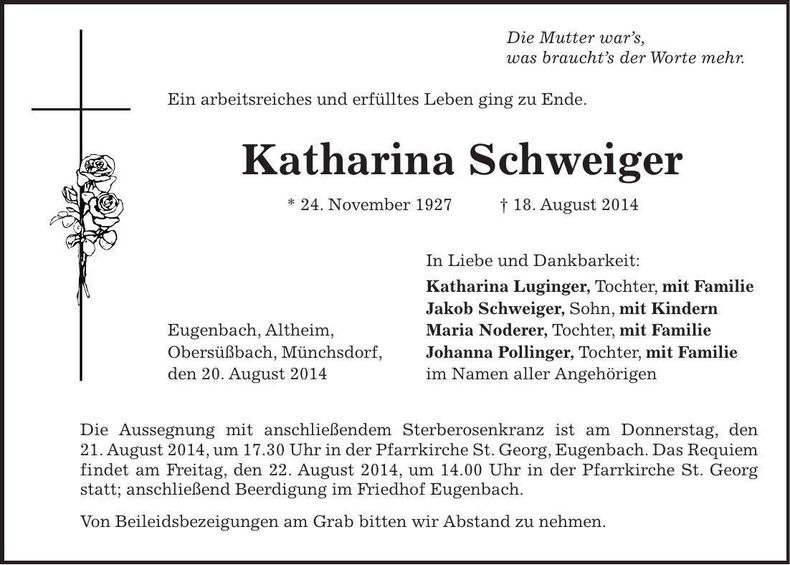 Traueranzeige Katharina Schweiger