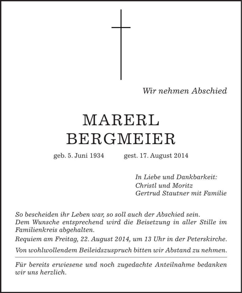 Traueranzeige Anna Maria Bergmeier