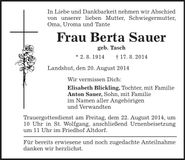 Traueranzeige Berta Sauer