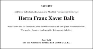 Traueranzeige Franz Balk