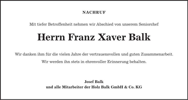 Traueranzeige Franz Balk